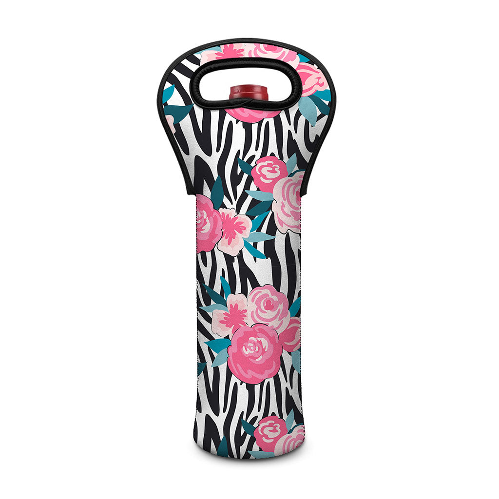 Black White Zebra Floral Pattern Print Single Neoprene Wine Tote