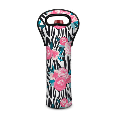Black White Zebra Floral Pattern Print Single Neoprene Wine Tote