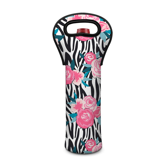 Black White Zebra Floral Pattern Print Single Neoprene Wine Tote