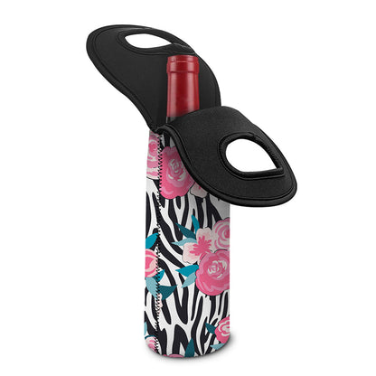 Black White Zebra Floral Pattern Print Single Neoprene Wine Tote