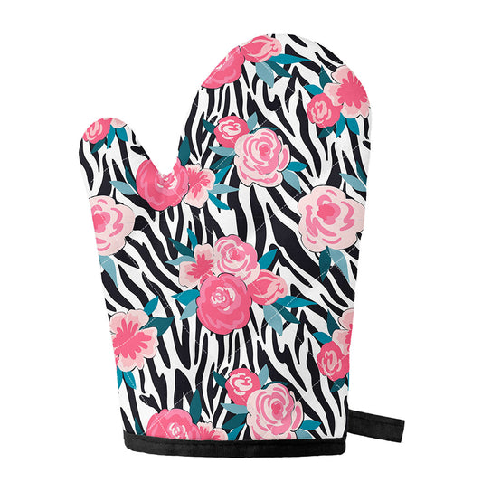 Black White Zebra Floral Pattern Print Single Oven Mitt