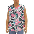 Black White Zebra Floral Pattern Print Sleeveless Baseball Jersey