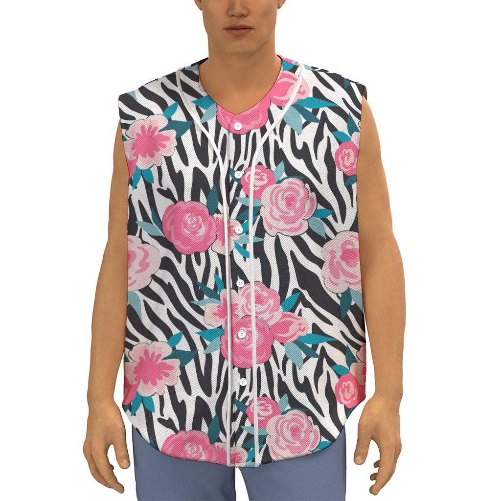 Black White Zebra Floral Pattern Print Sleeveless Baseball Jersey