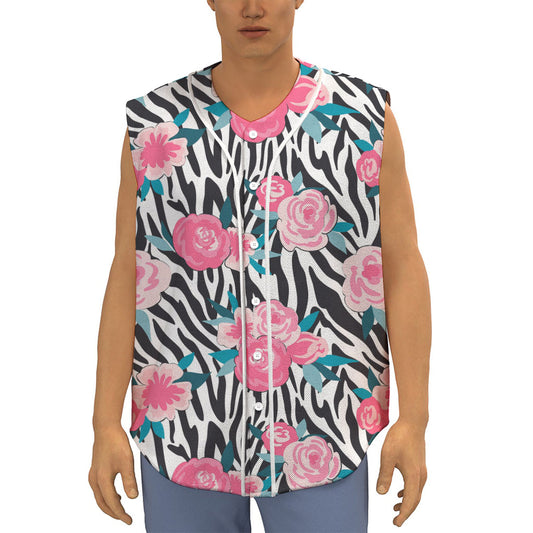 Black White Zebra Floral Pattern Print Sleeveless Baseball Jersey