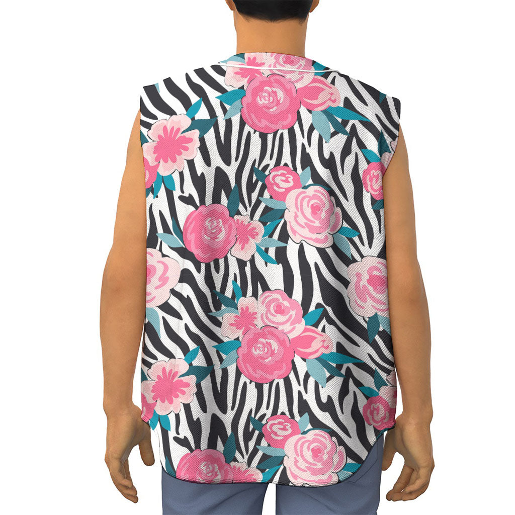 Black White Zebra Floral Pattern Print Sleeveless Baseball Jersey