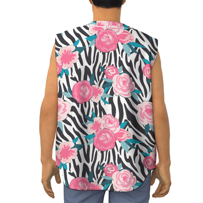Black White Zebra Floral Pattern Print Sleeveless Baseball Jersey