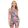 Black White Zebra Floral Pattern Print Sleeveless One Piece Swimsuit