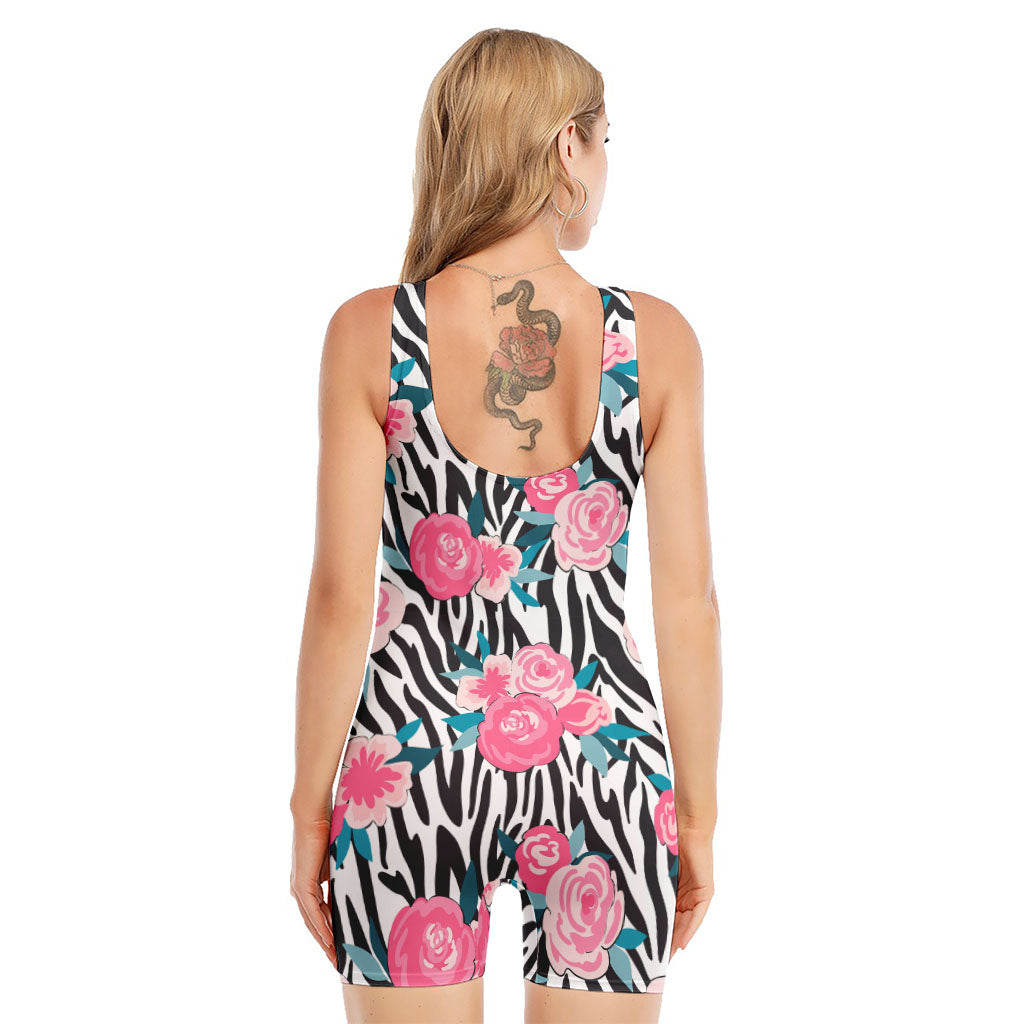 Black White Zebra Floral Pattern Print Sleeveless One Piece Swimsuit
