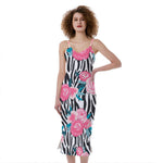 Black White Zebra Floral Pattern Print Slim Fit Midi Cami Dress