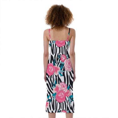 Black White Zebra Floral Pattern Print Slim Fit Midi Cami Dress