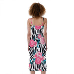 Black White Zebra Floral Pattern Print Slim Fit Midi Cami Dress