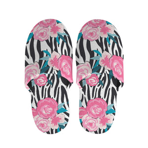 Black White Zebra Floral Pattern Print Slippers