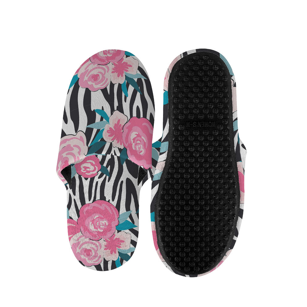 Black White Zebra Floral Pattern Print Slippers