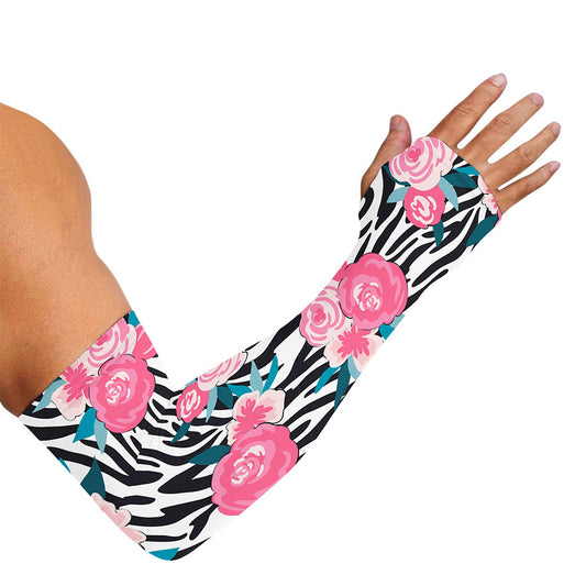 Black White Zebra Floral Pattern Print Sun Protection Arm Sleeves
