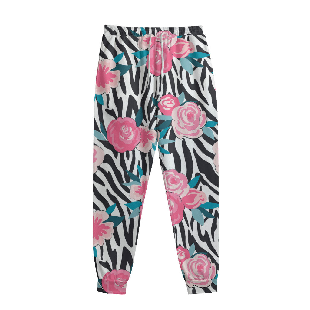 Black White Zebra Floral Pattern Print Sweatpants