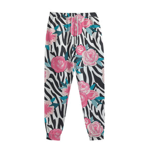 Black White Zebra Floral Pattern Print Sweatpants