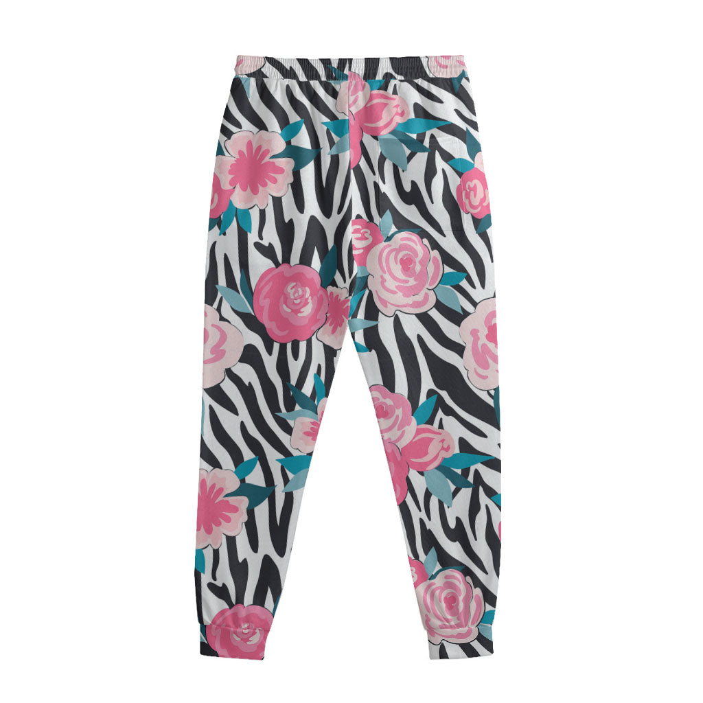 Black White Zebra Floral Pattern Print Sweatpants