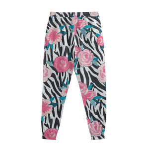 Black White Zebra Floral Pattern Print Sweatpants