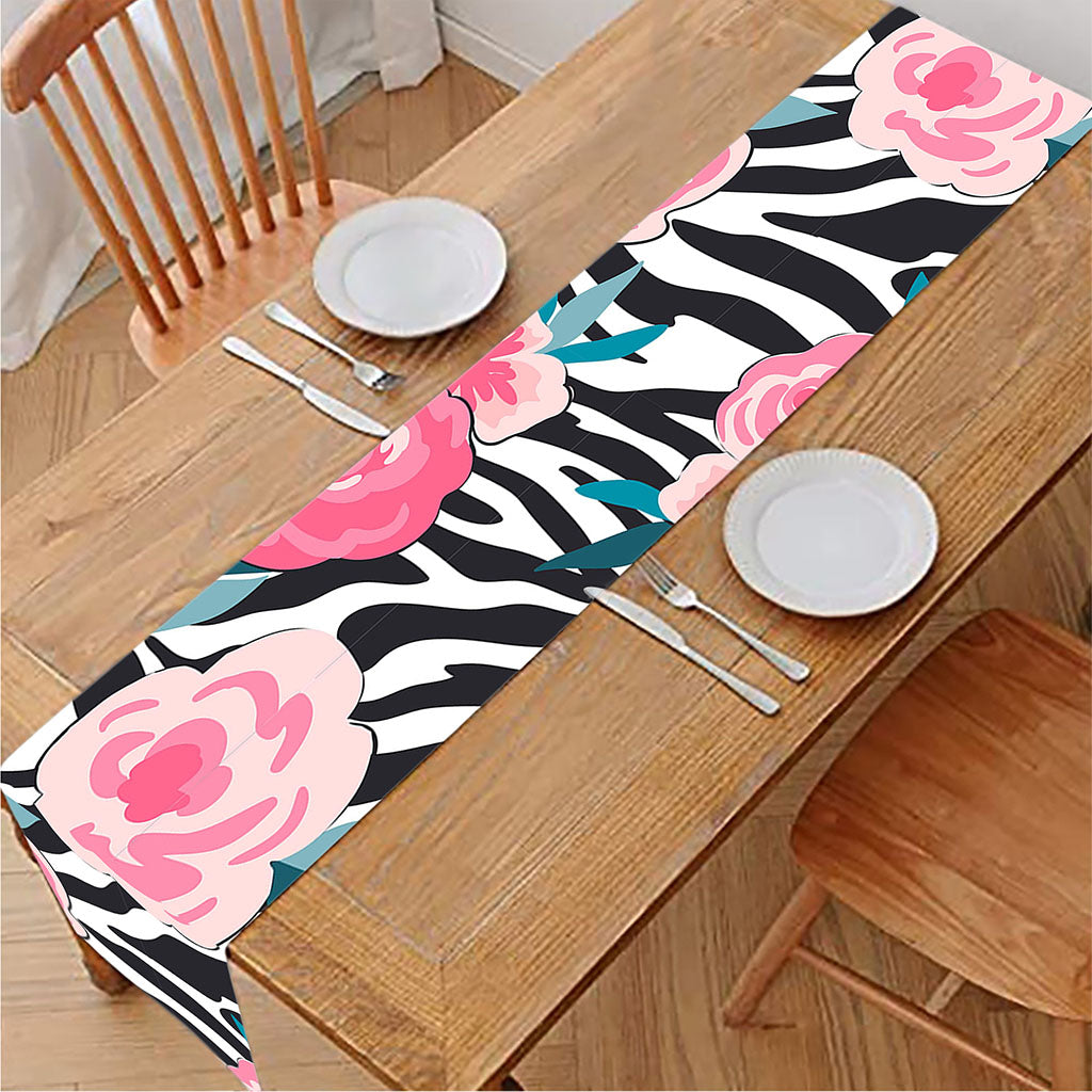 Black White Zebra Floral Pattern Print Table Runner