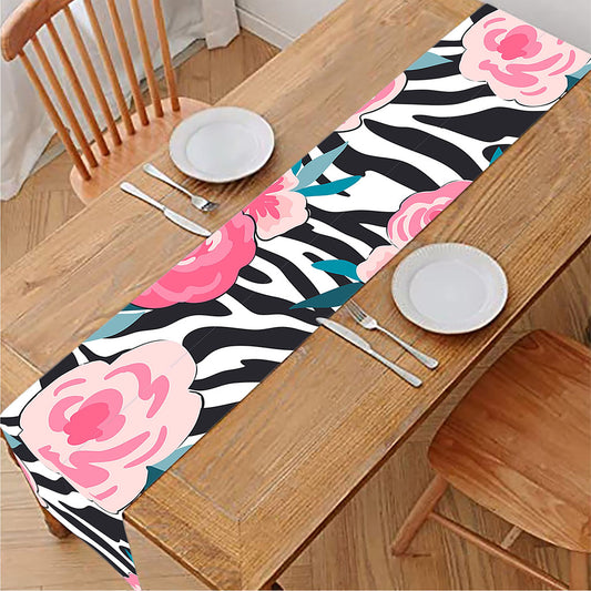 Black White Zebra Floral Pattern Print Table Runner