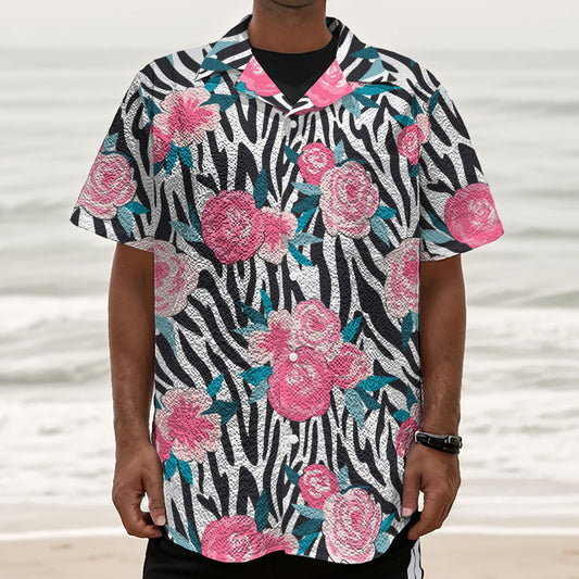 Black White Zebra Floral Pattern Print Textured Short Sleeve Shirt