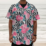 Black White Zebra Floral Pattern Print Textured Short Sleeve Shirt