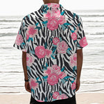 Black White Zebra Floral Pattern Print Textured Short Sleeve Shirt