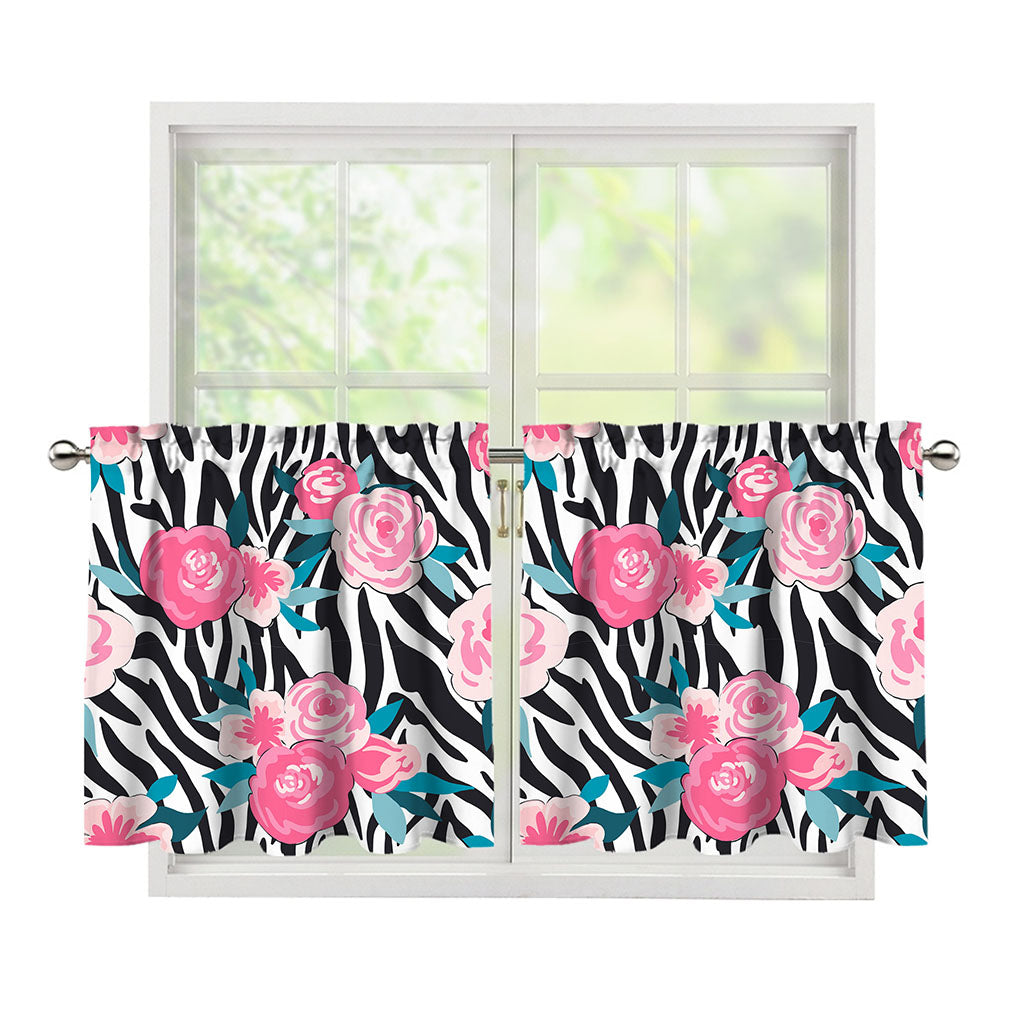 Black White Zebra Floral Pattern Print Tier Curtains