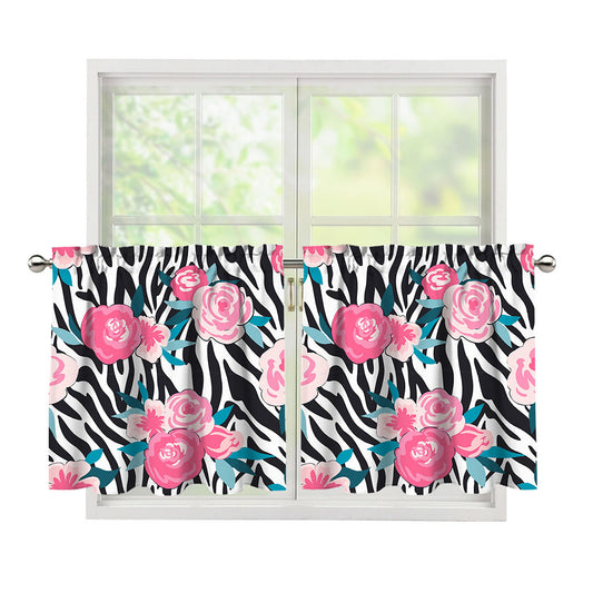 Black White Zebra Floral Pattern Print Tier Curtains