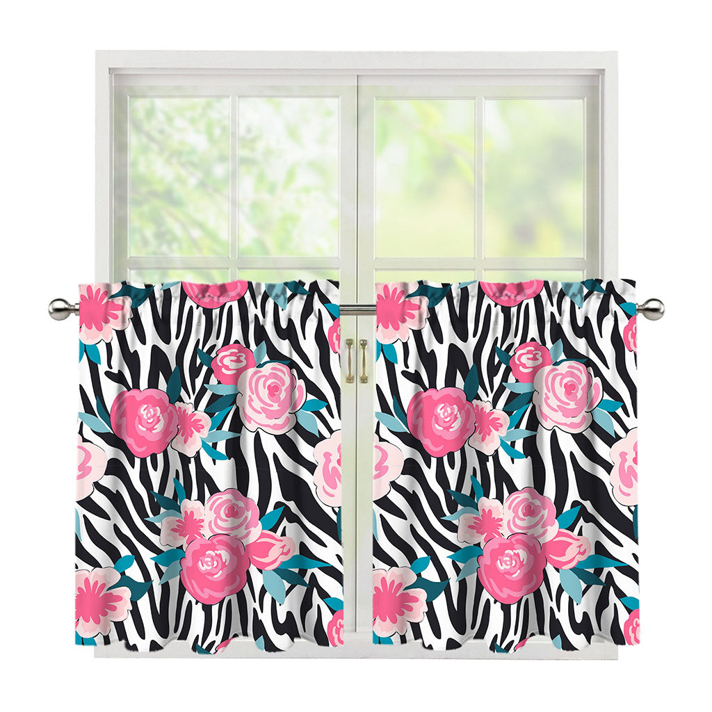 Black White Zebra Floral Pattern Print Tier Curtains