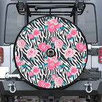 Black White Zebra Floral Pattern Print Tire Cover With Camera Hole