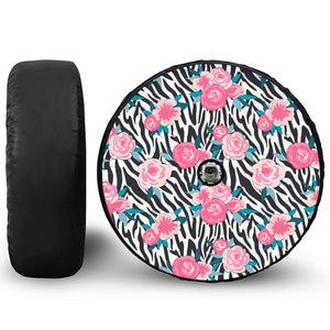 Black White Zebra Floral Pattern Print Tire Cover With Camera Hole