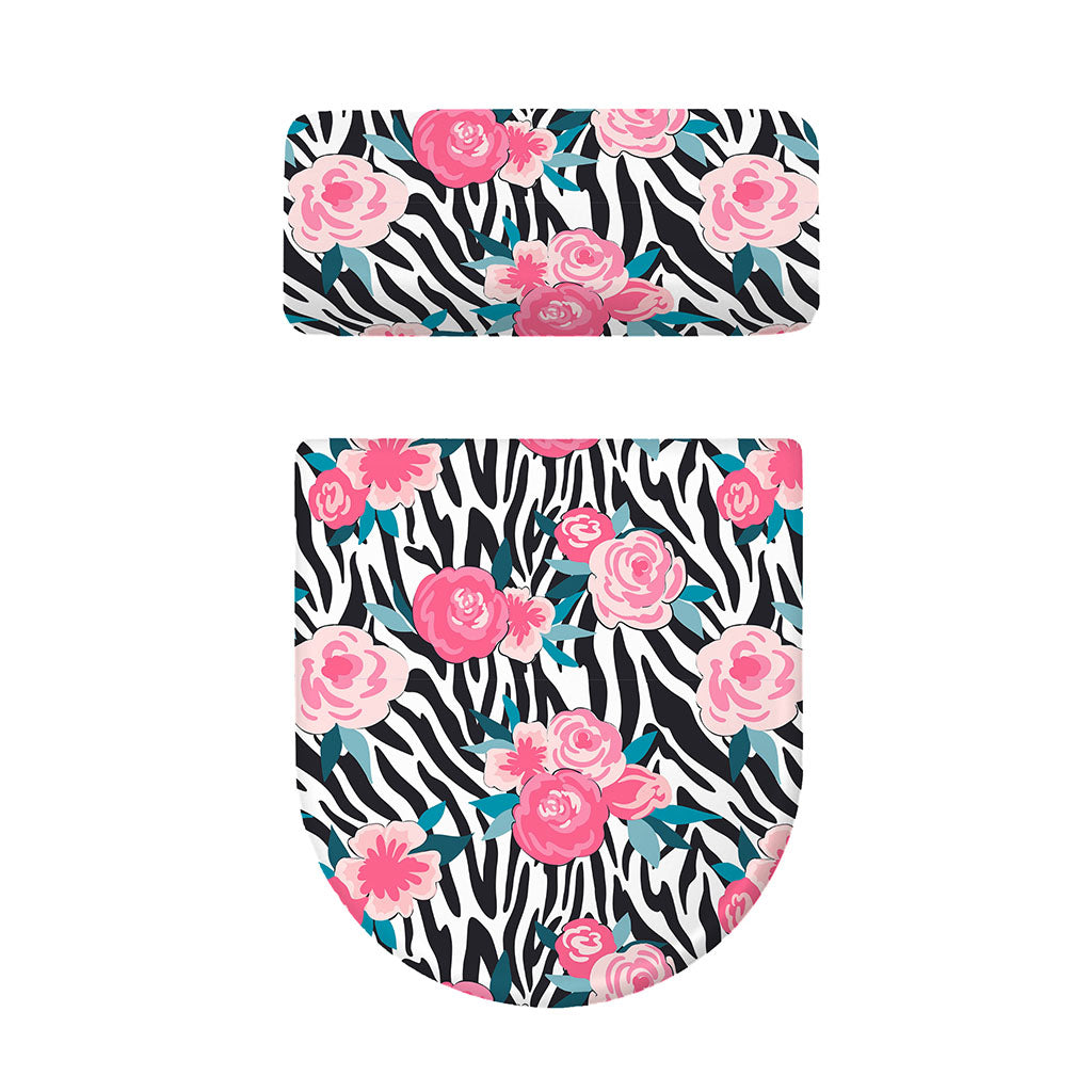 Black White Zebra Floral Pattern Print Toilet Lid And Tank Cover Set
