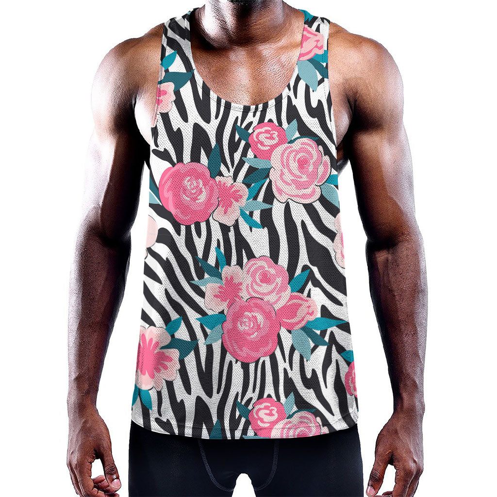 Black White Zebra Floral Pattern Print Training Tank Top