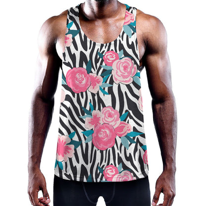 Black White Zebra Floral Pattern Print Training Tank Top