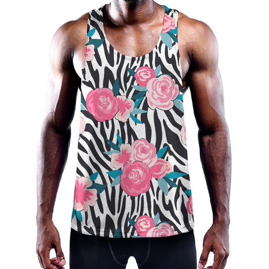 Black White Zebra Floral Pattern Print Training Tank Top