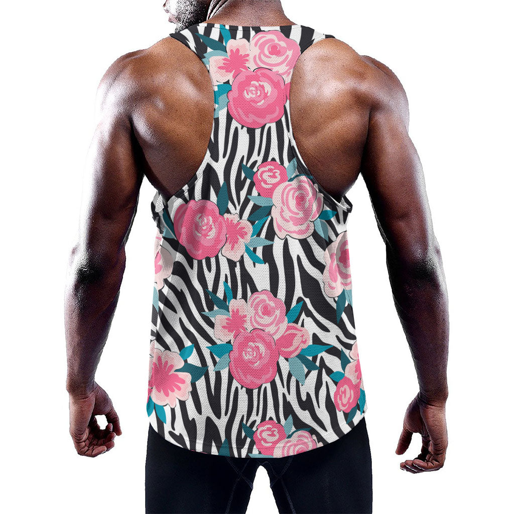 Black White Zebra Floral Pattern Print Training Tank Top