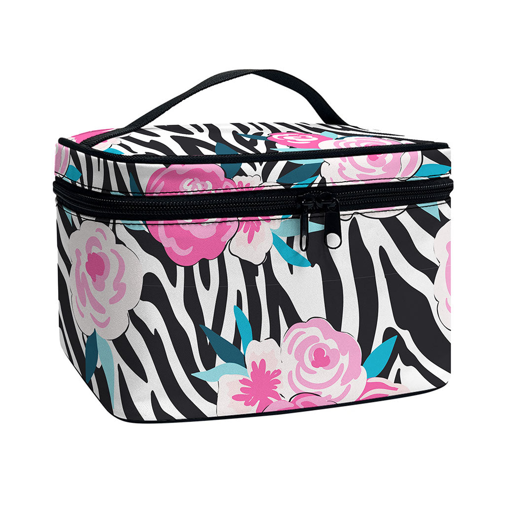Black White Zebra Floral Pattern Print Travel Makeup Bag