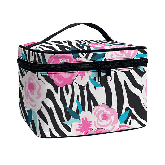 Black White Zebra Floral Pattern Print Travel Makeup Bag