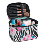 Black White Zebra Floral Pattern Print Travel Makeup Bag