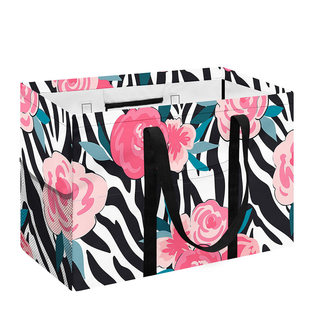 Black White Zebra Floral Pattern Print Utility Tote Bag
