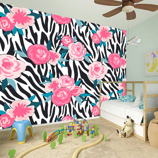 Black White Zebra Floral Pattern Print Wall Sticker