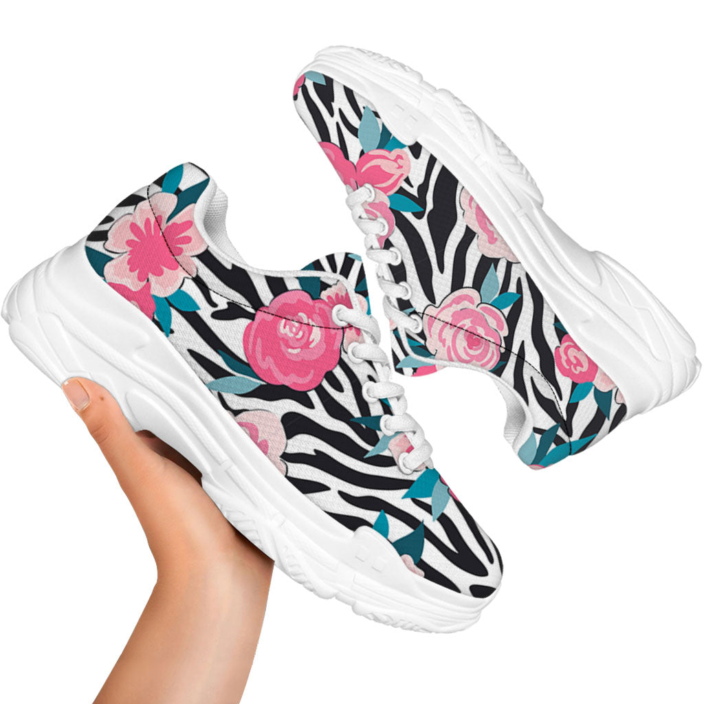 Black White Zebra Floral Pattern Print White Chunky Shoes