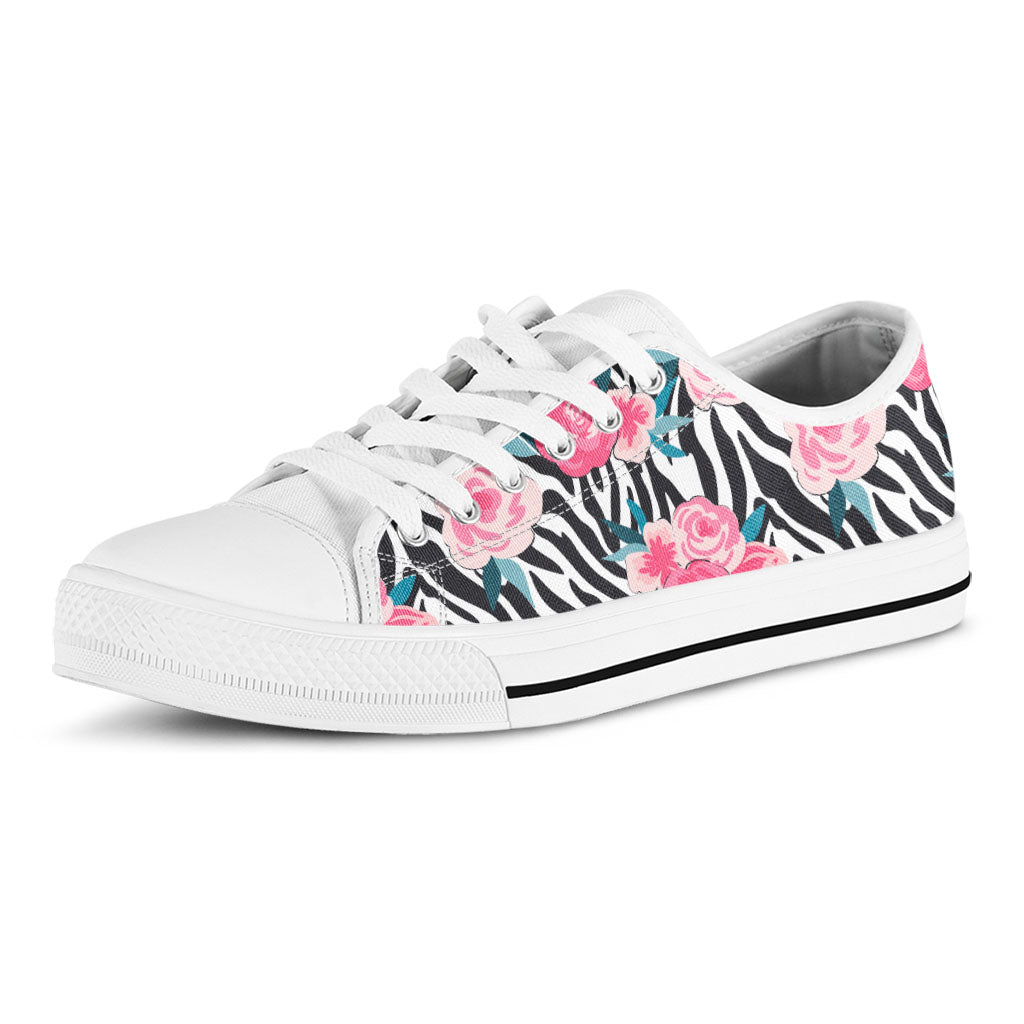 Black White Zebra Floral Pattern Print White Low Top Sneakers