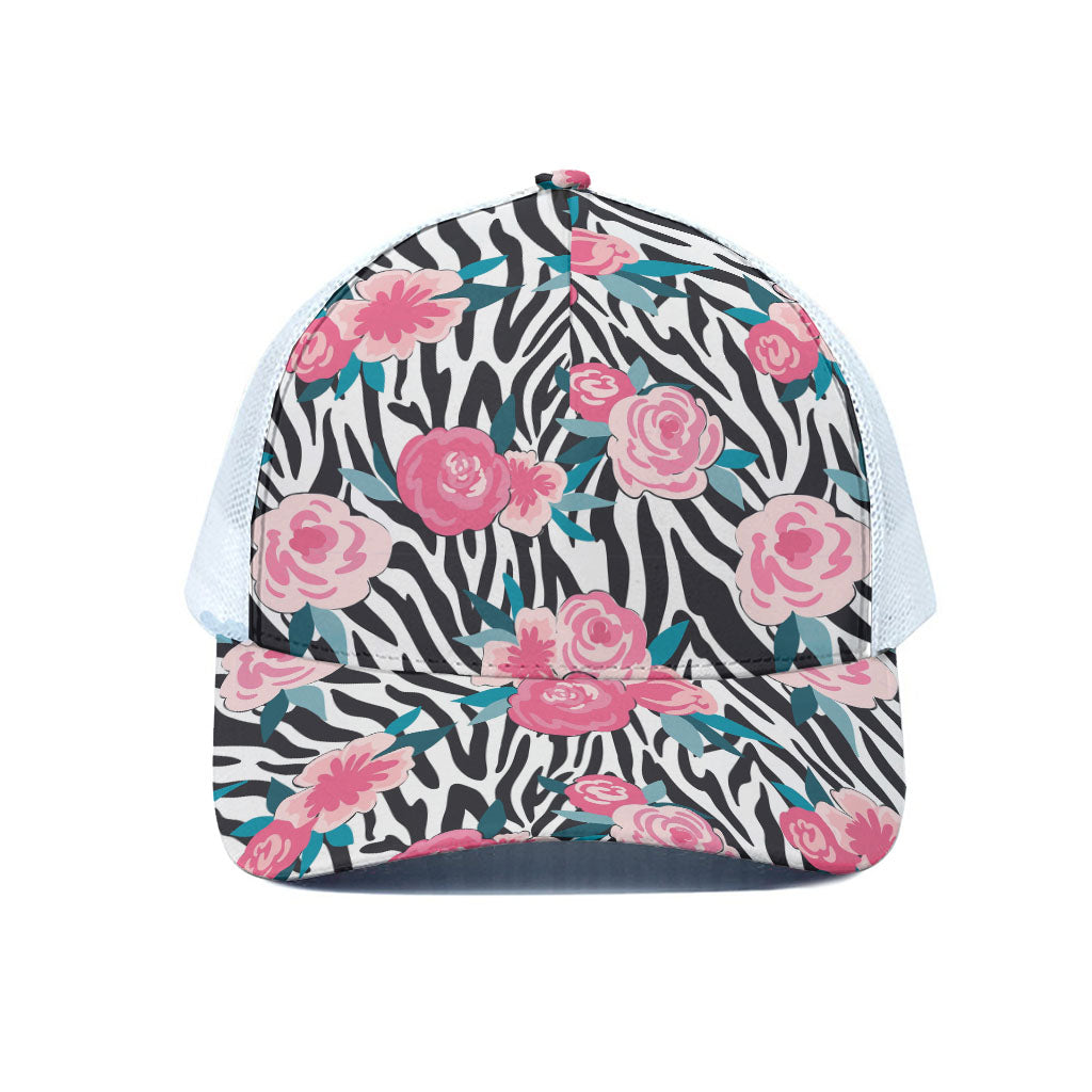 Black White Zebra Floral Pattern Print White Mesh Trucker Cap