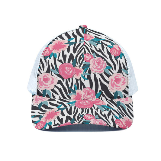 Black White Zebra Floral Pattern Print White Mesh Trucker Cap