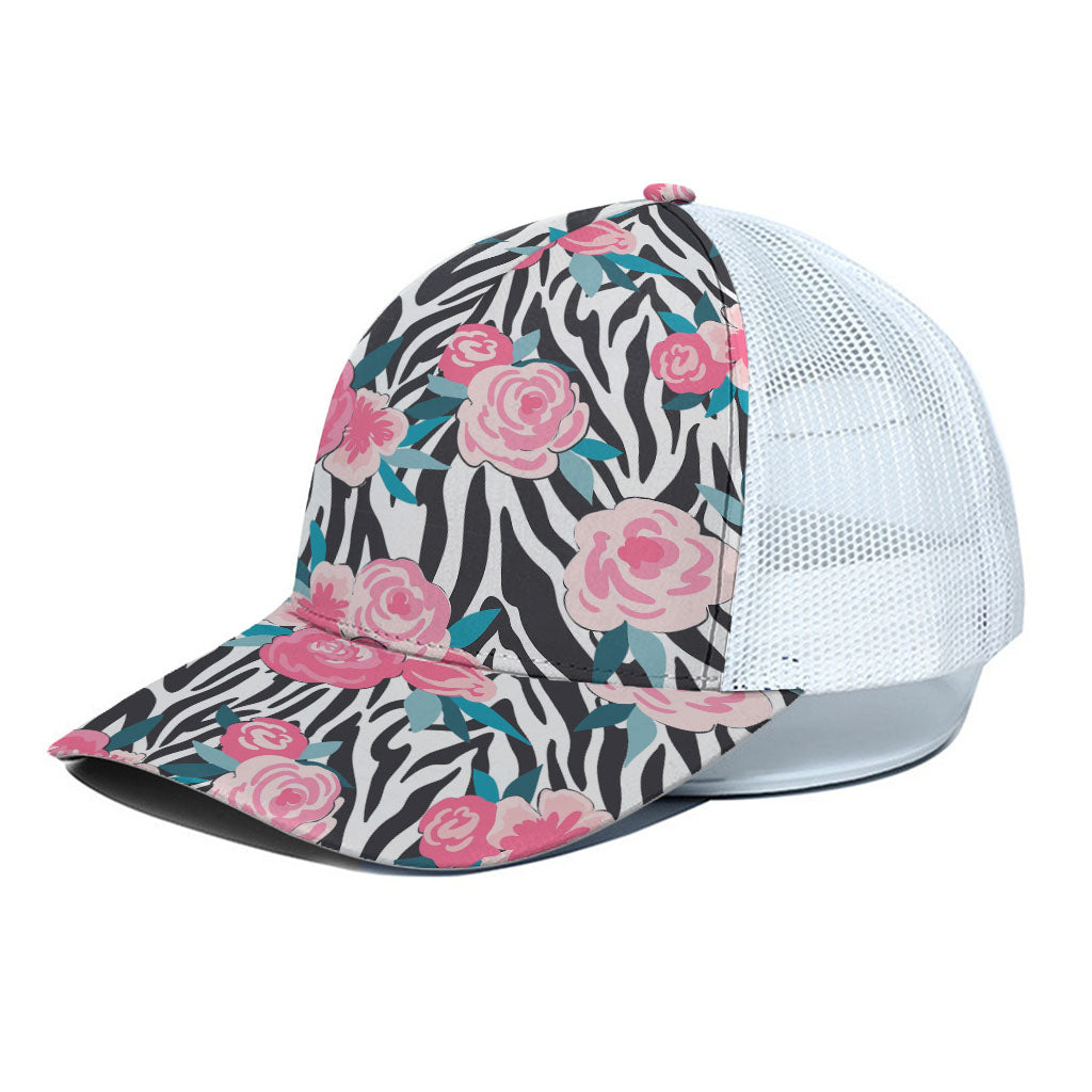 Black White Zebra Floral Pattern Print White Mesh Trucker Cap
