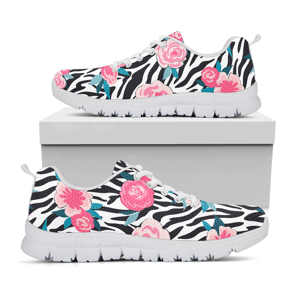 Black White Zebra Floral Pattern Print White Running Shoes