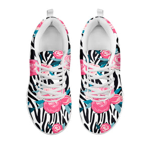 Black White Zebra Floral Pattern Print White Running Shoes