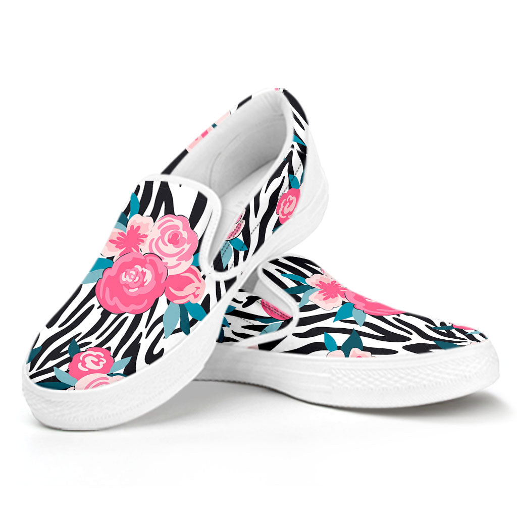 Black White Zebra Floral Pattern Print White Slip On Sneakers